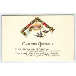 Vintage Christmas Greetings Postcard with Birds & Holly Decoration